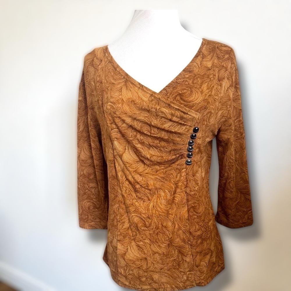 Vintage Rust Glitter Swirl Top Ruched Asymmetrical Button Boho Fall Blouse M/L